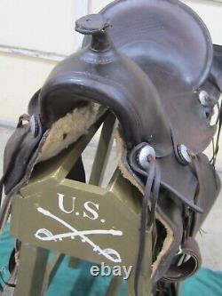 WWI US Army Saddle marked C. A. W, Brown/Burgundy Leather, Cavalry Wood Stand