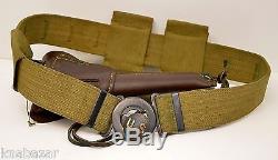 WWI US Mills Woven Cartridge Belt w Brass Buckle, Ammo Pouches, Leather Holster