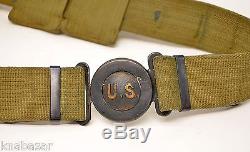 WWI US Mills Woven Cartridge Belt w Brass Buckle, Ammo Pouches, Leather Holster