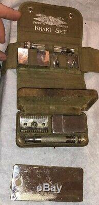 WWI WWII Gillette 2 Army Khaki Shaving Kit Set Lot 1 W Case 1 Pouch Safety Razor