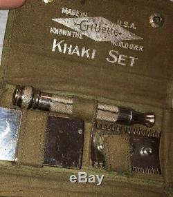 WWI WWII Gillette 2 Army Khaki Shaving Kit Set Lot 1 W Case 1 Pouch Safety Razor