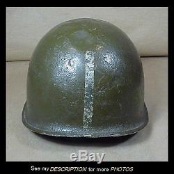 World War II M-1 Steel Army Helmet Striped Liner Painted Rank One Stripe