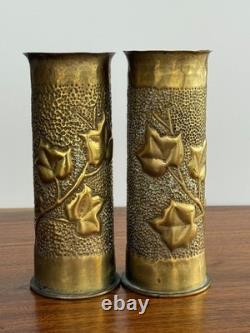 World War I Trench Art Vases Pair 1914 & 1915 Floral Relief Shell Casings