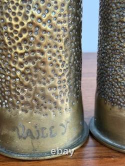 World War I Trench Art Vases Pair 1914 & 1915 Floral Relief Shell Casings
