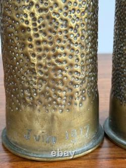 World War I Trench Art Vases Pair 1914 & 1915 Floral Relief Shell Casings