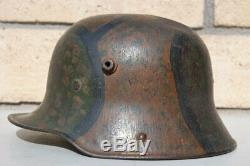 Ww1 Wwi German Camo Steel Helmet'bf64', 1916 All Leather Liner, 100% Original
